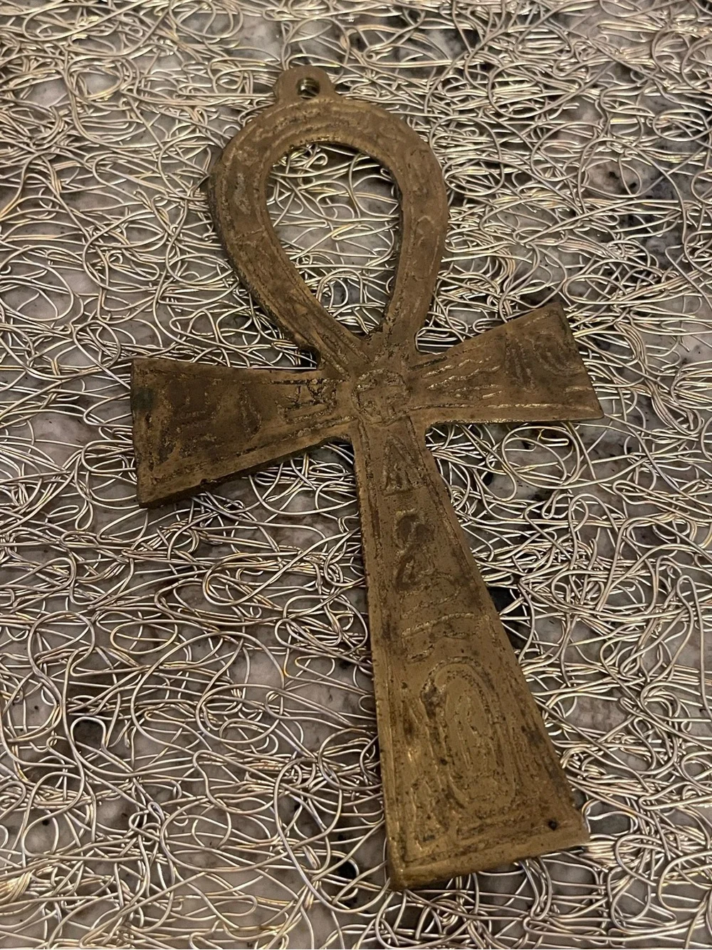 Vintage Brass Egyptian Ankh Wall Hanging. “Key of Life”, Engraved Hieroglyphics